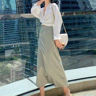 Long-sleeve Crisscross Chiffon Shirt / High-waist Plain Skirt