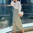 Long-sleeve Crisscross Chiffon Shirt / High-waist Plain Skirt