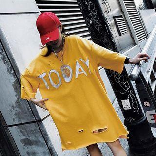 3/4-sleeve Lettering Ripped T-shirt Dress