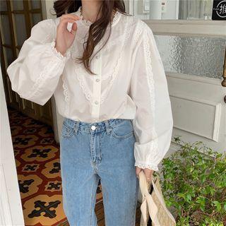 Long-sleeve Lace Trim Plain Blouse White - One Size