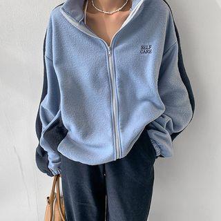 Letter Contrast-trim Fleece Zip-up Jacket