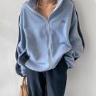 Letter Contrast-trim Fleece Zip-up Jacket