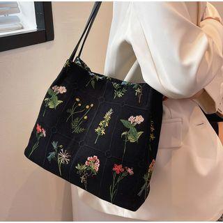 Flower Embroidered Canvas Tote Bag Black - One Size