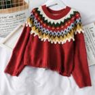 Pompom-accent Loose-fit Printed Sweater Red - One Size