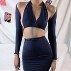Set: Long-sleeve T-shirt + Halter-neck Top Midi Fitted Skirt