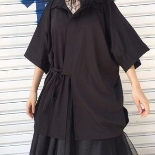 Elbow-sleeve Tie-waist Shirt Black - One Size