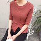 Slit Front Elbow-sleeve Knit Top