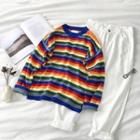 Color-block Striped Crewneck Long-sleeve Knit Top As Shown In Figure - One Size