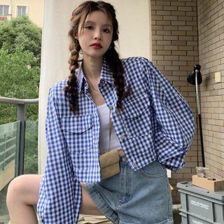 Long-sleeve Gingham Cropped Shirt Jacket
