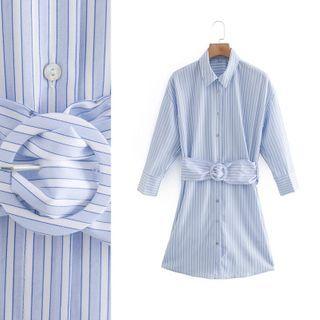 Pinstripe Long-sleeve Mini Polo Dress With Belt