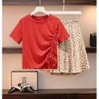 Short-sleeve Drawstring T-shirt / Floral Chiffon Skirt