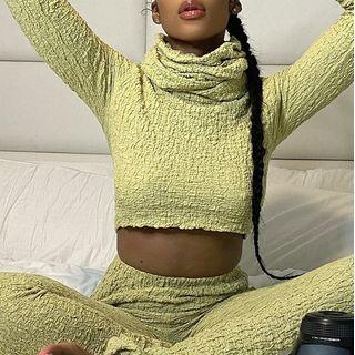 Set: Turtleneck Crop Shirred Blouse + Pants
