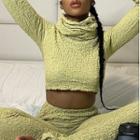 Set: Turtleneck Crop Shirred Blouse + Pants