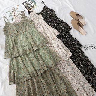Flower Print Spaghetti Strap Midi Chiffon Layered Dress