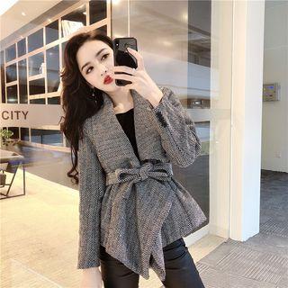 Herringbone Buttoned Jacket / Faux Leather Leggings