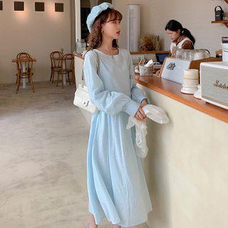 Set: Long-sleeve Plain Midi A-line Dress + Lace Vest