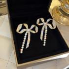Rhinestone Faux Pearl Bow Ear Stud 1 Pair - White Pearl - Gold - One Size