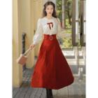 Puff-sleeve Blouse / Heart Buckled Midi A-line Skirt / Set