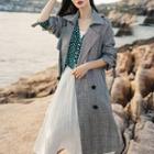 Double-buttoned Lapel Collar Plaid Trench Coat