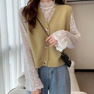 Long-sleeve Mock-neck Lace Top / Buttoned Knit Vest