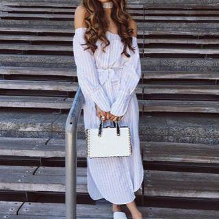 Pinstripe Off-shoulder Shirtdress