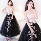 Lace-panel Mesh Mini Prom Dress