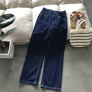 Contrast Stitching High-waist Straight-cut Jeans