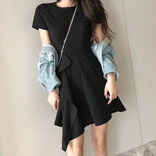 Ruffle Short-sleeve Mini A-line Dress Black - One Size