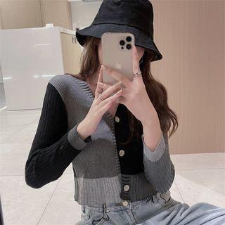 Long Sleeve V-neck Color Block Cropped Cardigan As Shown In Figure - One Size