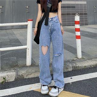 High Waist Heart Cutout Straight Leg Jeans