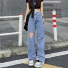 High Waist Heart Cutout Straight Leg Jeans