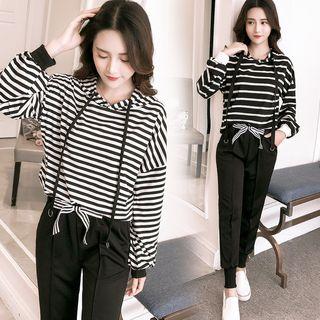 Set: Stripe Hooded Pullover + Gather-cuff Pants