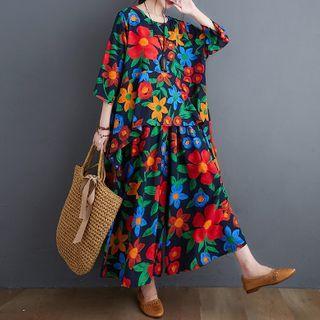 Set: Flower Print Elbow-sleeve Blouse + Wide-leg Pants As Shown In Figure - One Size