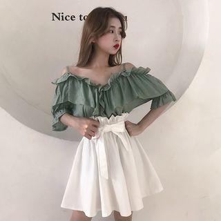 Ruffled Cold-shoulder Blouse / A-line Skirt