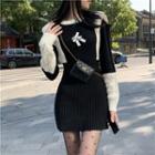 Long-sleeve Color Block Sweater Dress Black & White - One Size