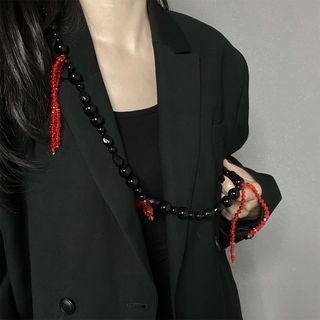 Beaded Necklace Red Strap - Black - One Size