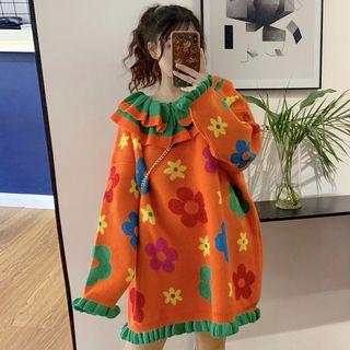 Flower Print Collared Long-sleeve Midi Knit Dress