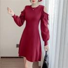 Cold-shoulder Lantern-sleeve Mini A-line Knit Dress