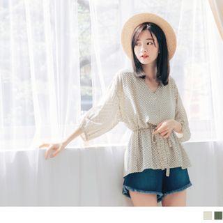 Drawstring Waist Dotted Chiffon Top