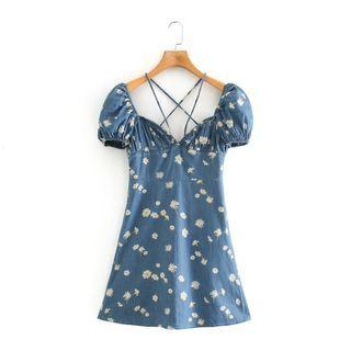 Puff-sleeve Floral Print Denim A-line Dress