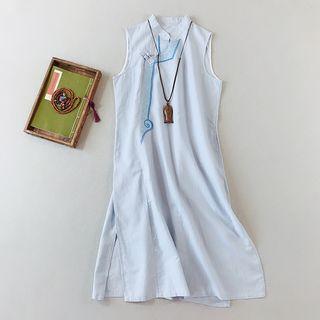 Sleeveless Embroidered Frog Buttoned Midi Dress