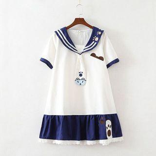 Embroidered Short-sleeve Sailor Collar Dress