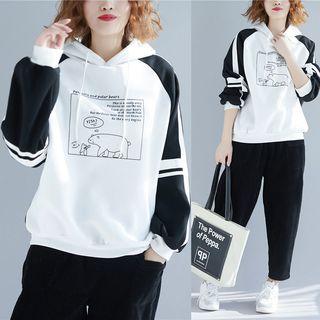 Printed Color Block Hoodie Black & White - One Size