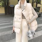 Long-sleeve Rib-knit Top / Stand Collar Buttoned Padded Vest / Cropped Pants
