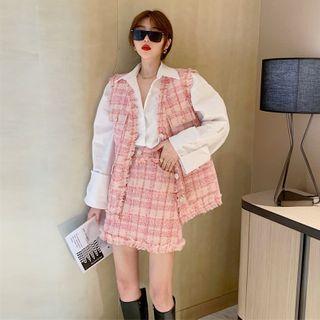 Plaid Tweed Buttoned Vest / Mini Skirt / Plain Shirt