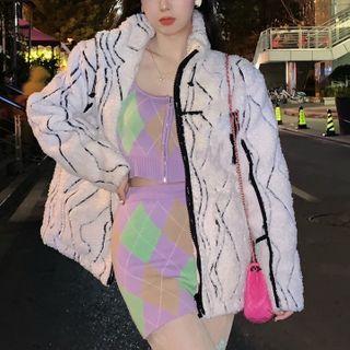 Long-sleeve Argyle Zip Cropped Top / Argyle Slim-fit Knit Skirt