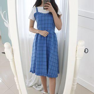 Petite Size Sleeveless Frill-trim Plaid Midi Dress