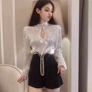 Long-sleeve Sequined Blouse / High Waist Shorts