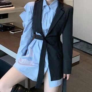 Long-sleeve Cutout Shirt / Irregular Belted Jacket
