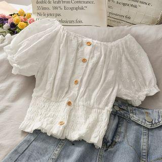Eyelet Boatneck Smocked Crop Blouse White - One Size